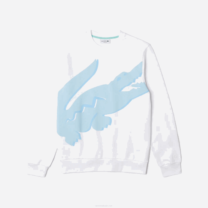 Lacoste Crew Neck Print Organic Cotton Fleece Sweatshirt 646T1075 White 001 Men