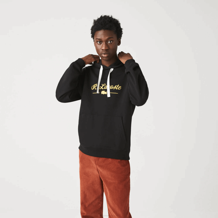 Lacoste Embroidered Lettering Hooded Cotton Fleece Sweatshirt 646T1154 Black 031 Men