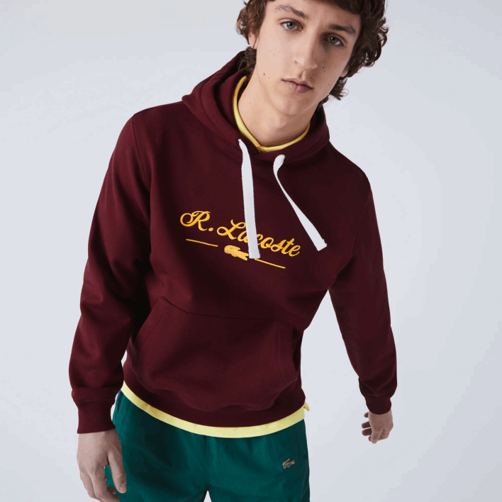 Lacoste Embroidered Lettering Hooded Cotton Fleece Sweatshirt 646T1155 Bordeaux Z7F Men