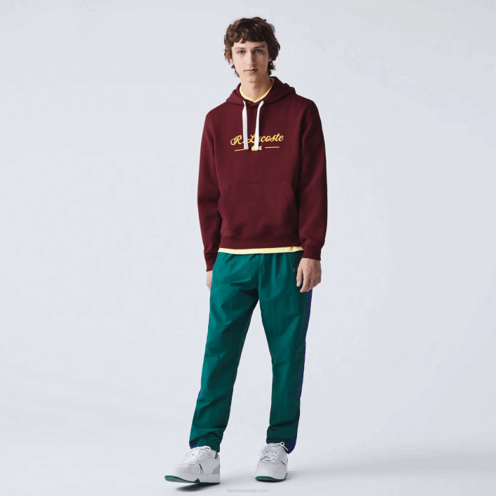 Lacoste Embroidered Lettering Hooded Cotton Fleece Sweatshirt 646T1155 Bordeaux Z7F Men