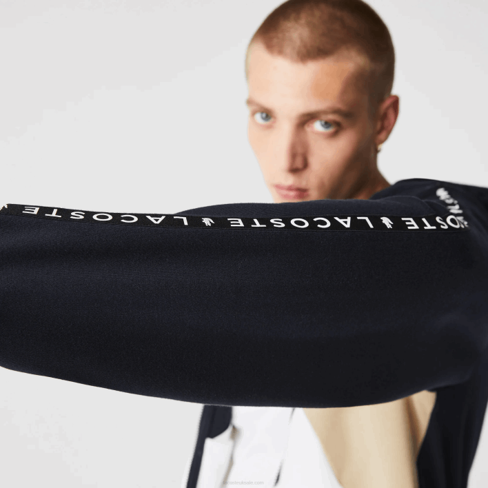Lacoste Hooded Colorblock Lettered Fleece Zip Sweatshirt 646T997 Navy Blue White Beige E8T Men