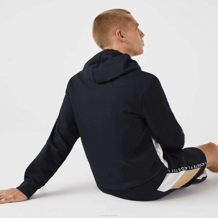 Lacoste Hooded Colorblock Lettered Fleece Zip Sweatshirt 646T997 Navy Blue White Beige E8T Men