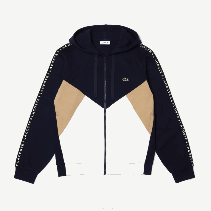 Lacoste Hooded Colorblock Lettered Fleece Zip Sweatshirt 646T997 Navy Blue White Beige E8T Men