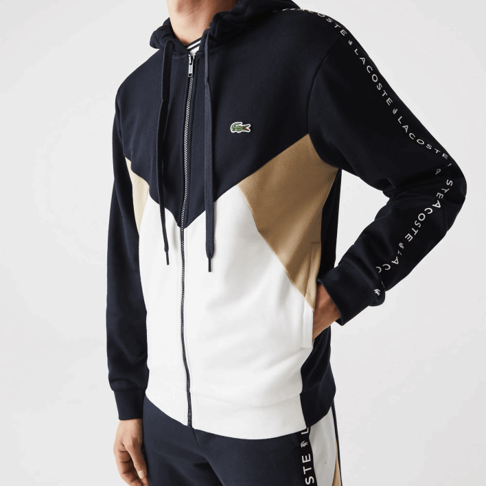 Lacoste Hooded Colorblock Lettered Fleece Zip Sweatshirt 646T997 Navy Blue White Beige E8T Men
