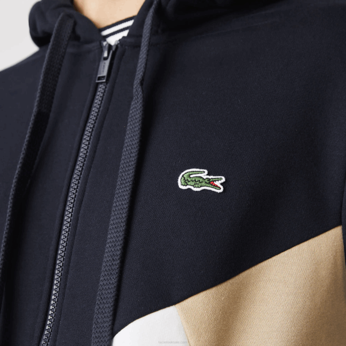Lacoste Hooded Colorblock Lettered Fleece Zip Sweatshirt 646T997 Navy Blue White Beige E8T Men