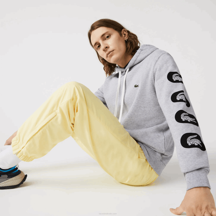 Lacoste Hooded Print Sleeve Fleece Sweatshirt 646T1200 Grey CCA Men