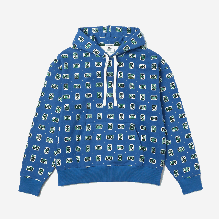 Lacoste LIVE Loose Fit Print Cotton Hoodie 646T1143 Blue White BX9 Men