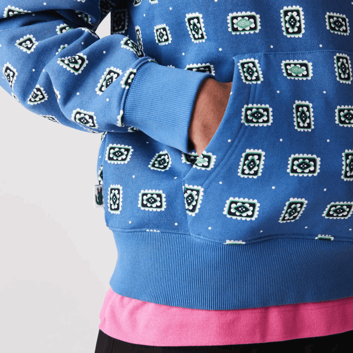 Lacoste LIVE Loose Fit Print Cotton Hoodie 646T1143 Blue White BX9 Men