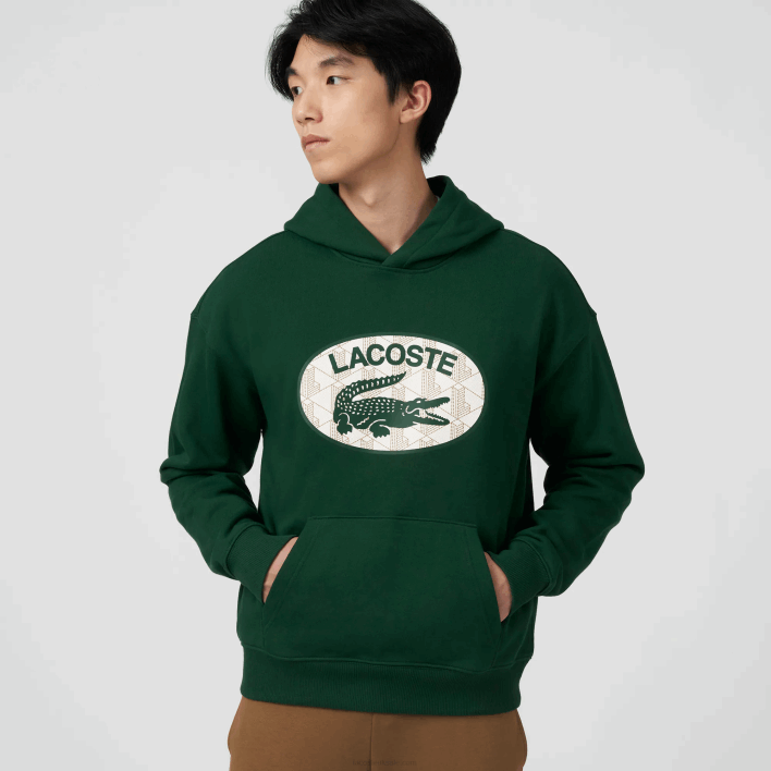 Lacoste Loose Fit Branded Monogram Hooded Sweatshirt 646T970 Green 132 Men