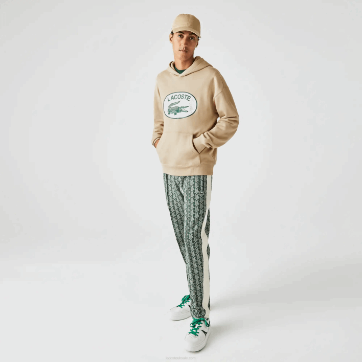 Lacoste Loose Fit Branded Monogram Hooded Sweatshirt 646T971 Beige 02S Men