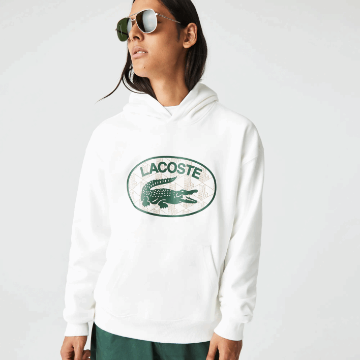 Lacoste Loose Fit Branded Monogram Hooded Sweatshirt 646T972 White 70V Men