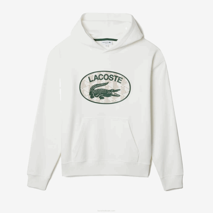 Lacoste Loose Fit Branded Monogram Hooded Sweatshirt 646T972 White 70V Men