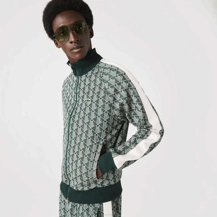 Lacoste Regular Fit Monogram Print Zip Sweatshirt 646T276 Green Beige 7M4 Men