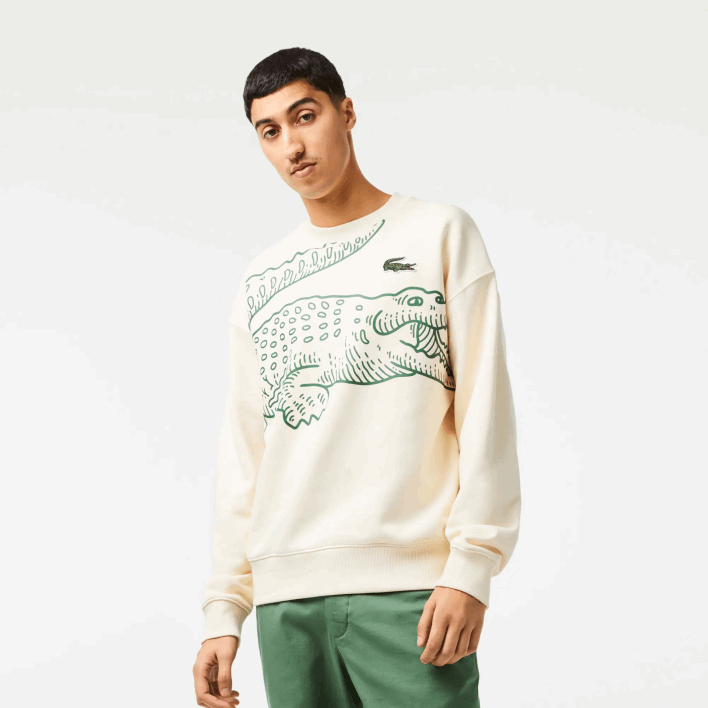 Lacoste Round Neck Loose Fit Croc Print Sweatshirt 646T360 White XFJ Men