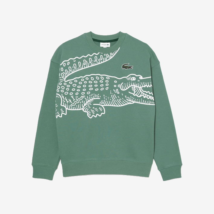Lacoste Round Neck Loose Fit Croc Print Sweatshirt 646T361 Khaki Green KX5 Men