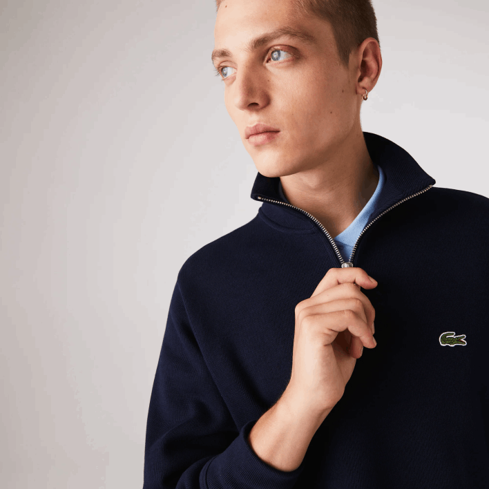 Lacoste Zippered Stand-Up Collar Cotton Sweatshirt 646T951 Navy Blue 166 Men