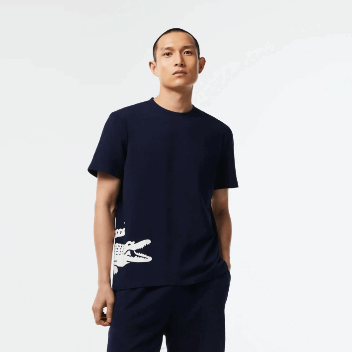 Lacoste Cotton Jersey Contrast Print T-Shirt 646T495 Navy Blue White 525 Men