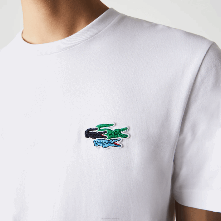 Lacoste Crew Neck Colored Crocodiles Organic Cotton T-shirt 646T919 White 001 Men