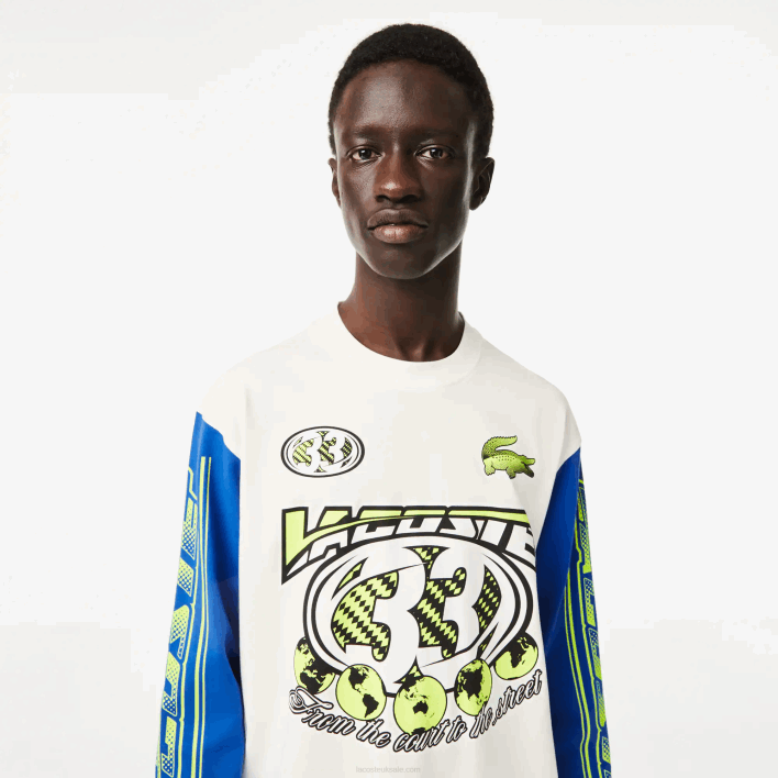Lacoste Loose Fit Long Sleeve Printed T-Shirt 646T149 White Blue ZIL Men