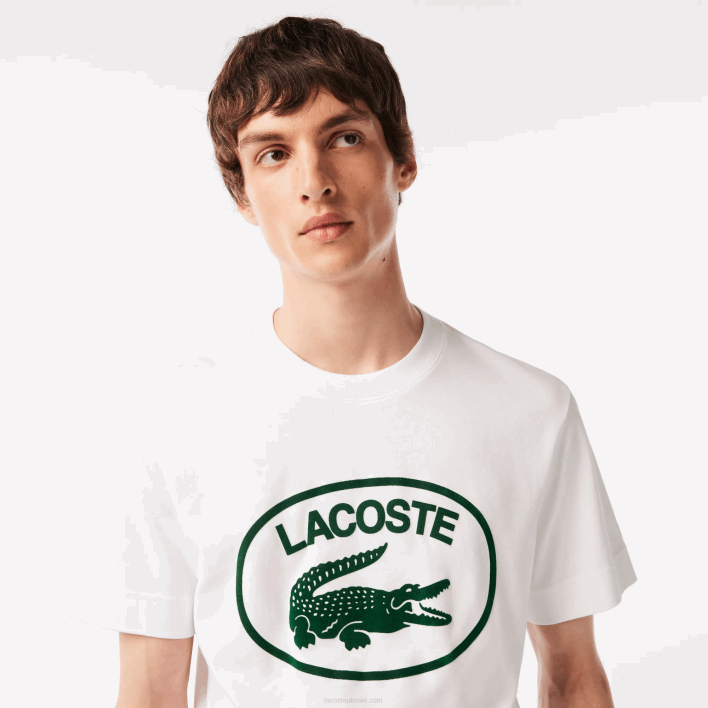 Lacoste Relaxed Fit Tone-On-Tone Branded Cotton T-Shirt 646T132 White Green 737 Men