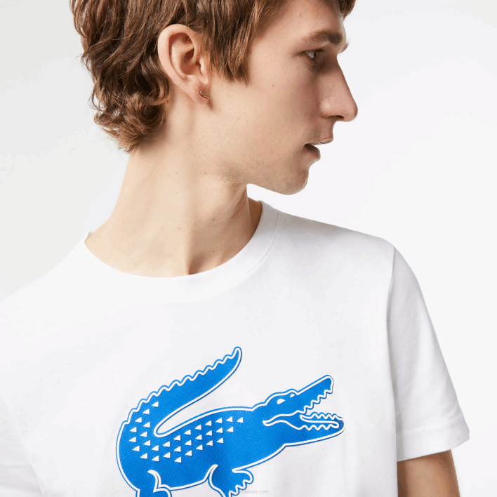 Lacoste SPORT 3D Print Crocodile Breathable Jersey T-Shirt 646T122 White Blue ANY Men