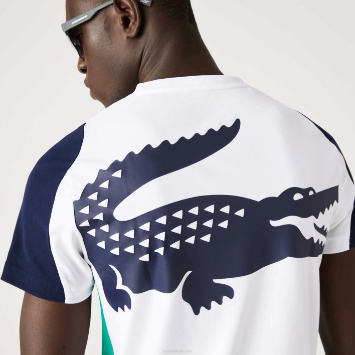 Lacoste SPORT Crocodile Print Tennis T-Shirt 646T588 White Green Navy Blue YH9 Men