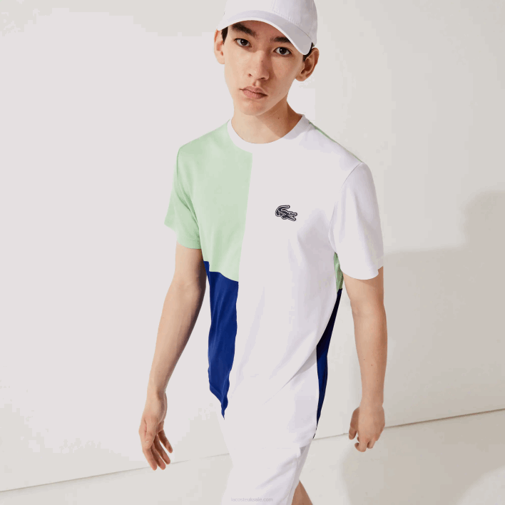 Lacoste SPORT Tricolor Breathable Light Pique T-shirt 646T908 White Green Navy Blue White CMN Men