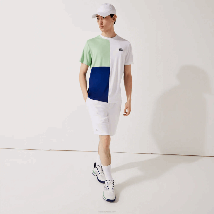 Lacoste SPORT Tricolor Breathable Light Pique T-shirt 646T908 White Green Navy Blue White CMN Men