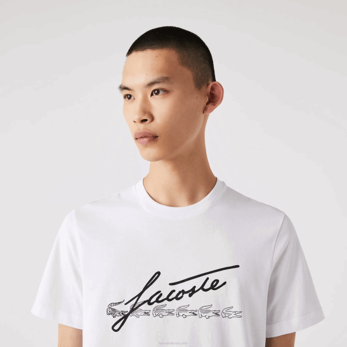 Lacoste Signature And Crocodile Print Crew Neck Cotton T-Shirt 646T761 White 001 Men