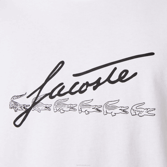 Lacoste Signature And Crocodile Print Crew Neck Cotton T-Shirt 646T761 White 001 Men