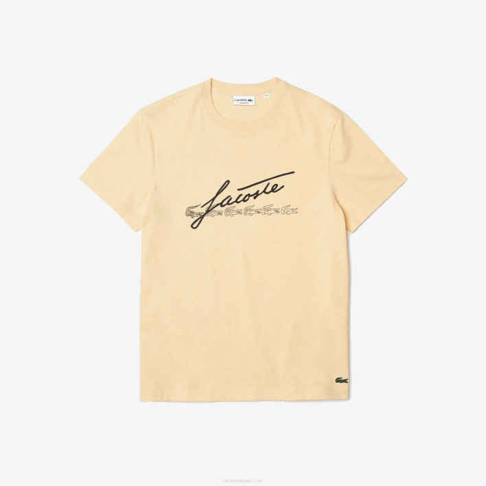 Lacoste Signature And Crocodile Print Crew Neck Cotton T-Shirt 646T762 Yellow HBZ Men