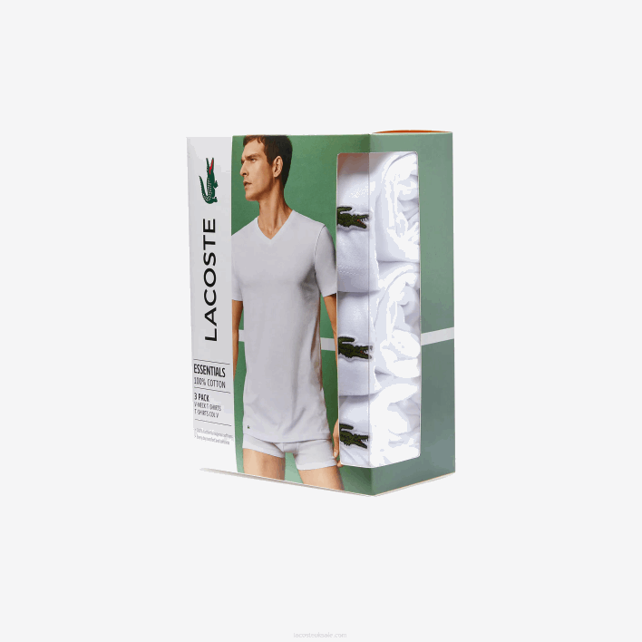 Lacoste V-Neck Cotton Lounge T-Shirt 3-Pack 646T1335 White 001 Men