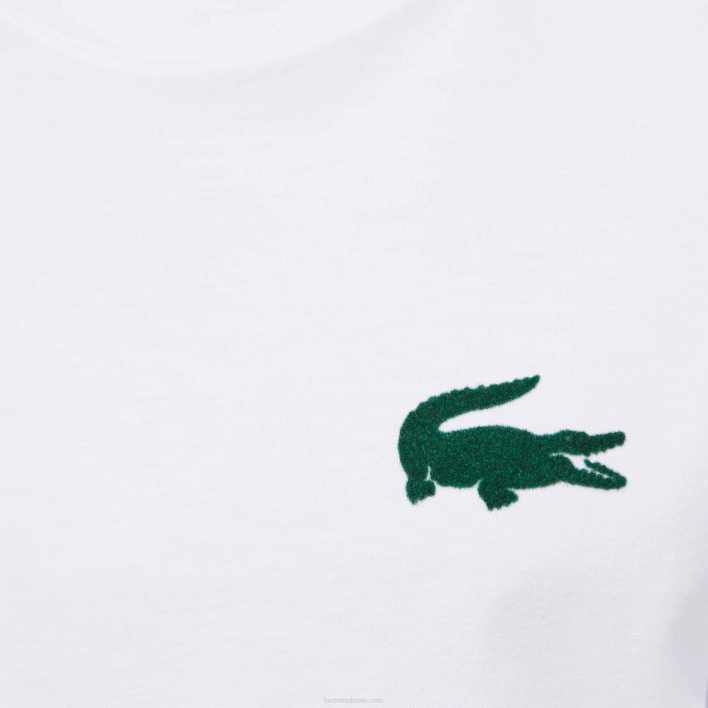 Lacoste Velour Crocodile Crew Neck Cotton Lounge T-Shirt 646T1343 White Green 7WJ Men