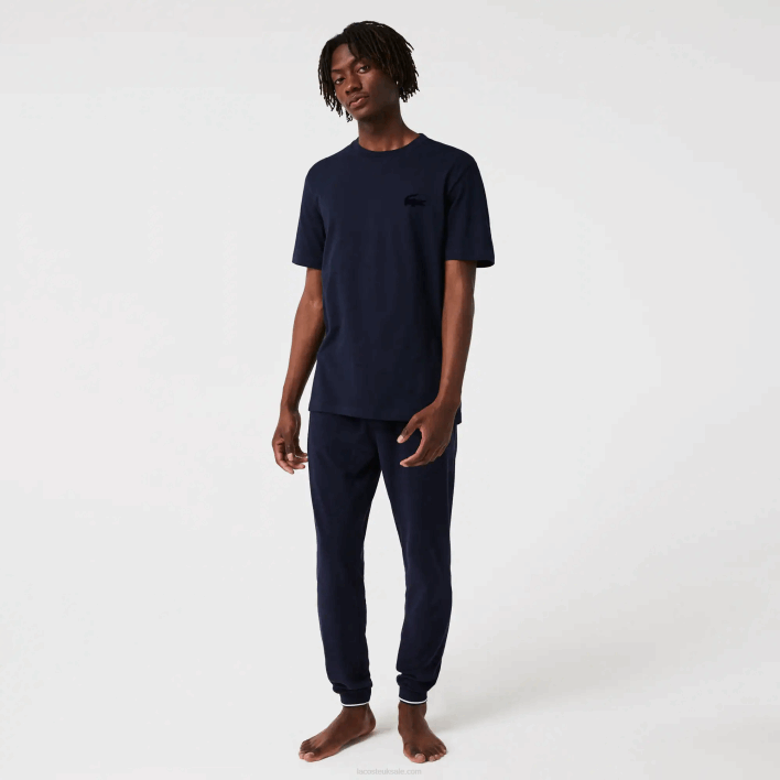 Lacoste Velour Crocodile Crew Neck Cotton Lounge T-Shirt 646T1344 Navy Blue 166 Men