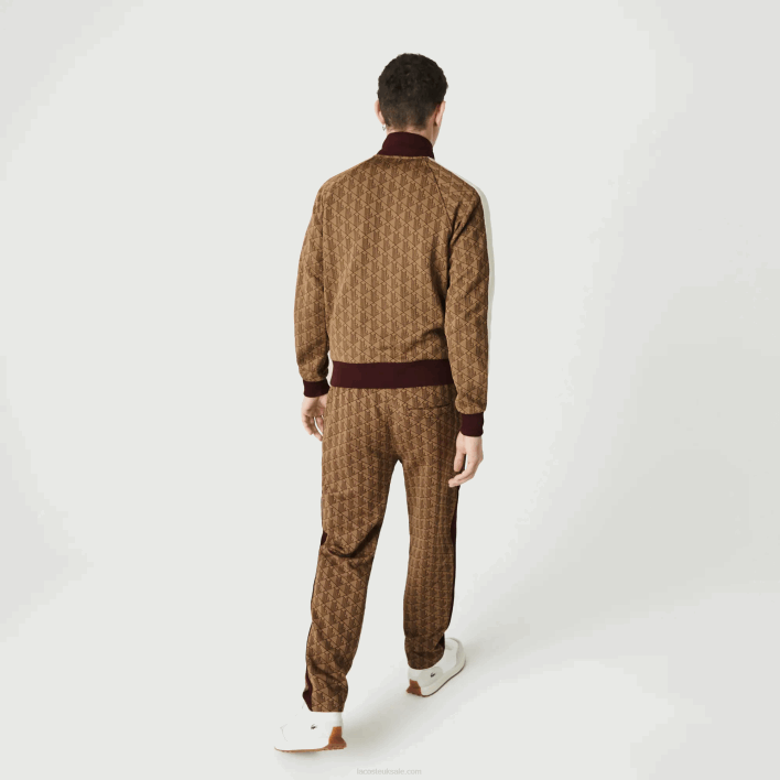 Lacoste LIVE Monogram Jacquard Tracksuit Pants 646T1186 Beige Bordeaux MKJ Men