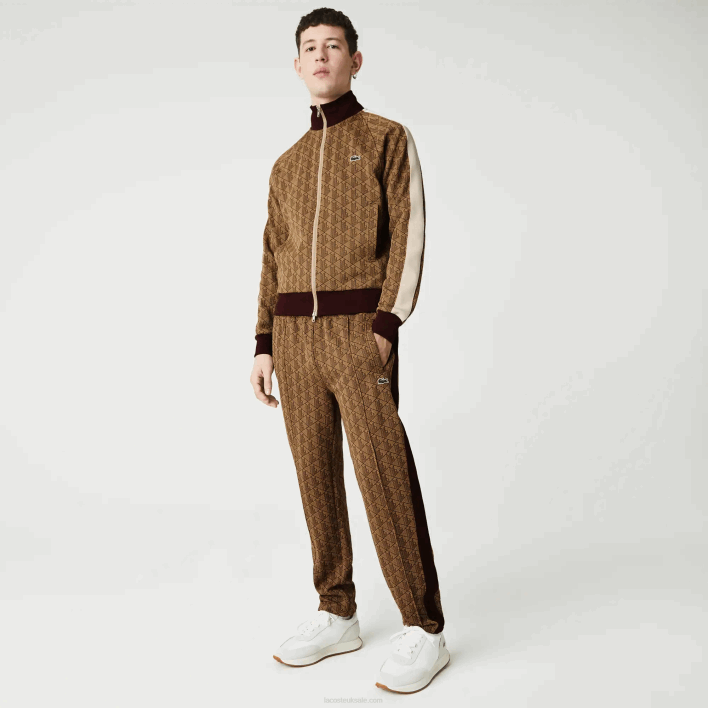 Lacoste LIVE Monogram Jacquard Tracksuit Pants 646T1186 Beige Bordeaux MKJ Men