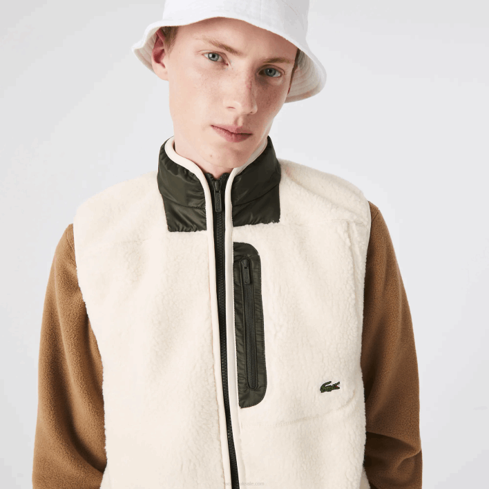 Lacoste Sherpa Fleece Vest 646T1263 White Khaki Green U9N Men