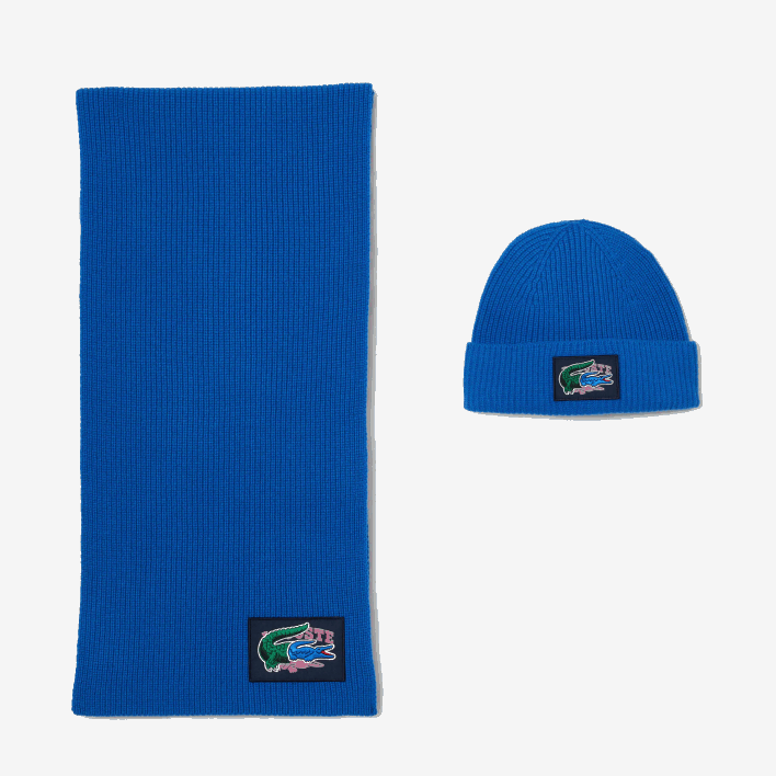 Lacoste Ribbed Wool Beanie And Scarf Gift Set 646T1689 Blue K1Q Women