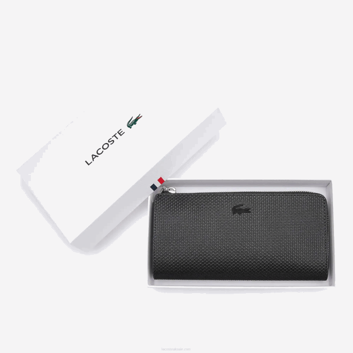 Lacoste Chantaco Zippered Matte Pique Leather Wallet 646T2827 Black 000 Women