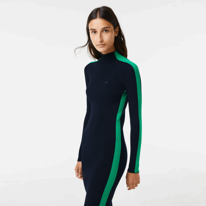 Lacoste Contrast Band Seamless Knit Dress 646T2485 Navy Blue Green 9EQ Women