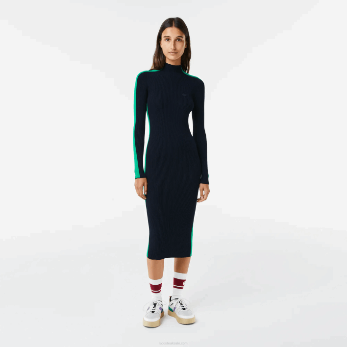 Lacoste Contrast Band Seamless Knit Dress 646T2485 Navy Blue Green 9EQ Women
