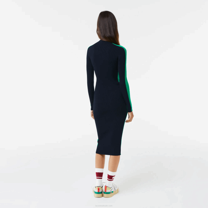 Lacoste Contrast Band Seamless Knit Dress 646T2485 Navy Blue Green 9EQ Women