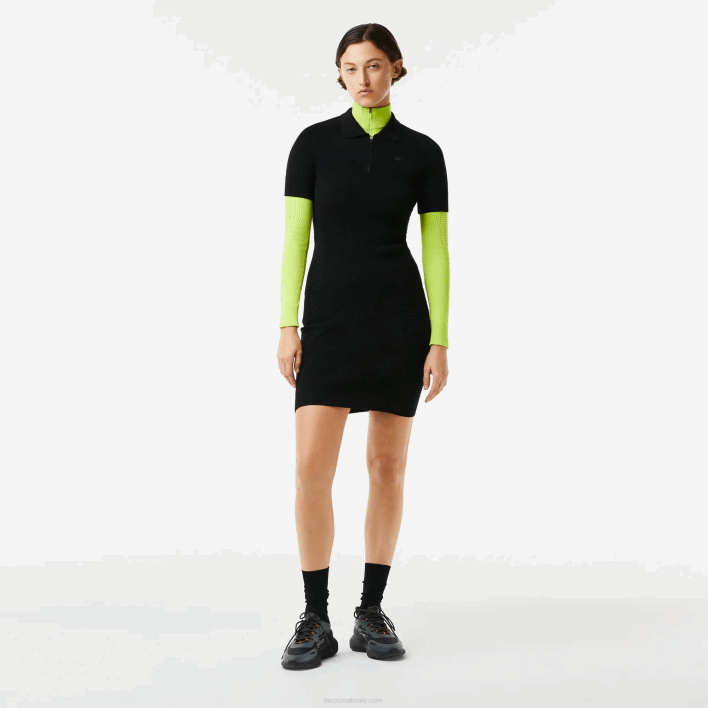 Lacoste Knit Details Front Zip Dress 646T2481 Black 031 Women