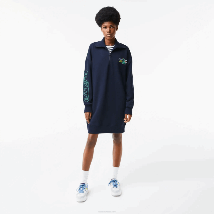 Lacoste Oversized Zip Neck Polo Dress 646T2492 Navy Blue 166 Women