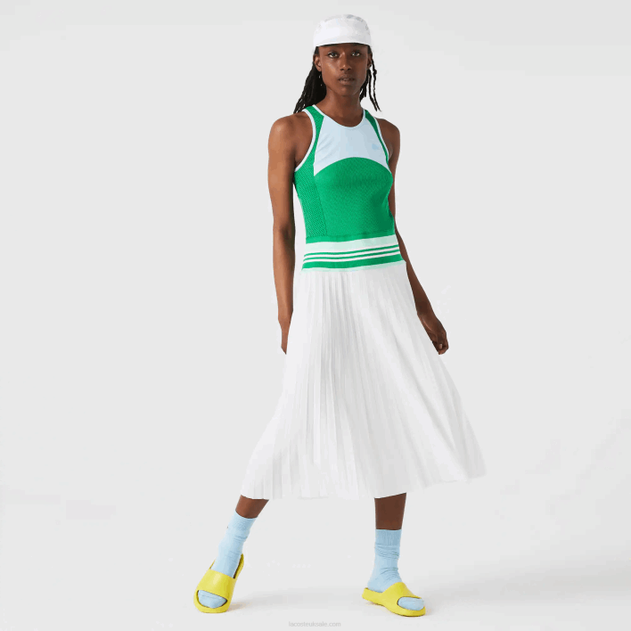 Lacoste Pleated Colorblock Tank Top Dress 646T2497 Blue Green White 2C5 Women