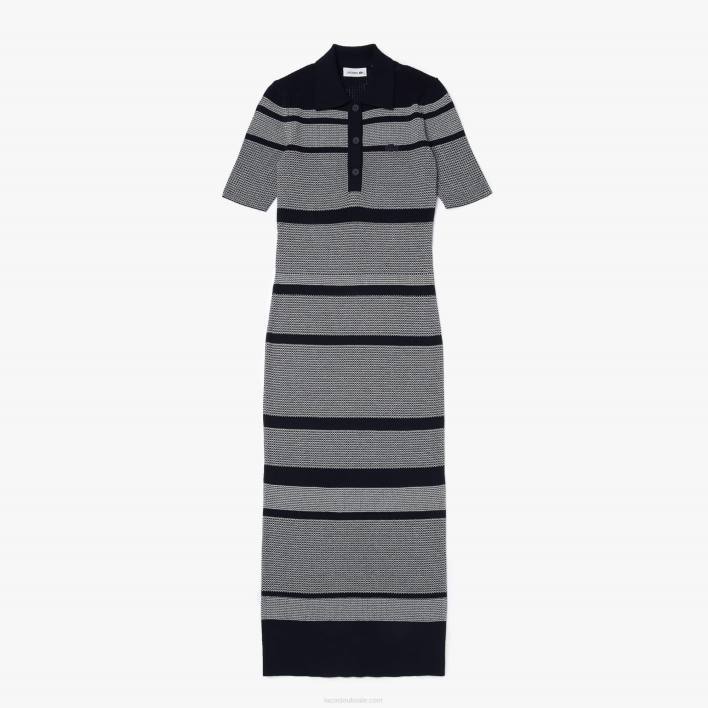 Lacoste Striped Cotton Knit Blend Mid-Length Polo Dress 646T2509 Black/White HHW Women
