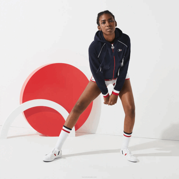 Lacoste SPORT French Sporting Spirit Edition Fleece Zip Jacket 646T2610 Navy Blue White Red LAW Women