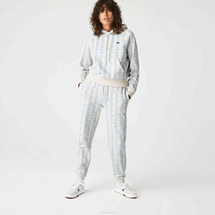 Lacoste LIVE Monogram Design Fleece Tracksuit Pants 646T2574 White Blue DPQ Women