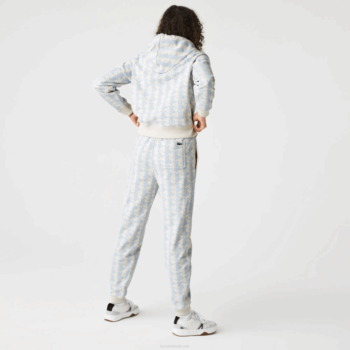 Lacoste LIVE Monogram Design Fleece Tracksuit Pants 646T2574 White Blue DPQ Women