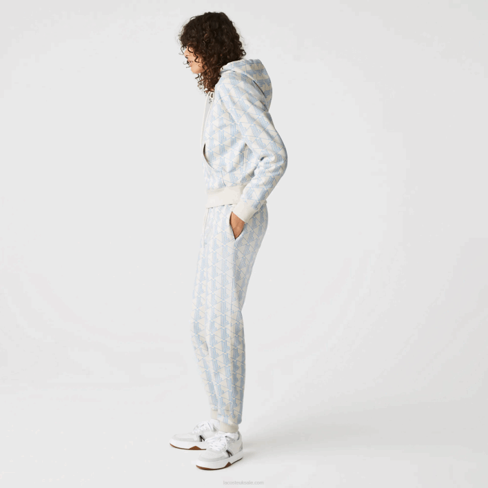 Lacoste LIVE Monogram Design Fleece Tracksuit Pants 646T2574 White Blue DPQ Women